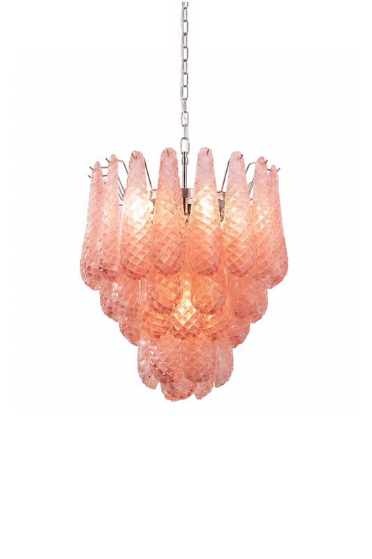 Amara Blush Cascading Glass Chandelier | Glass, Metal | Multi-tiered Murano-style chandelier with cascading textured blush pink glass panels and a warm inner glow | Isolated lit product shot on white background | vexa lamps