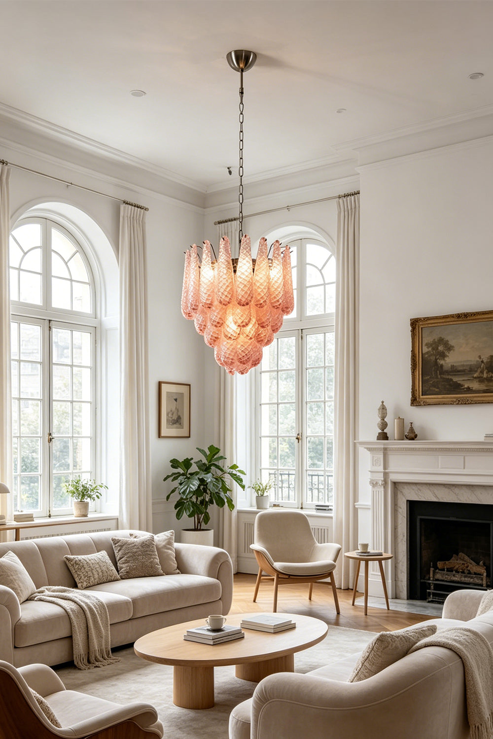Amara Blush Cascading Glass Chandelier | Glass, Metal | Hanging in a luxurious, sunlit living room featuring large arched windows and a classic fireplace | vexa lamps