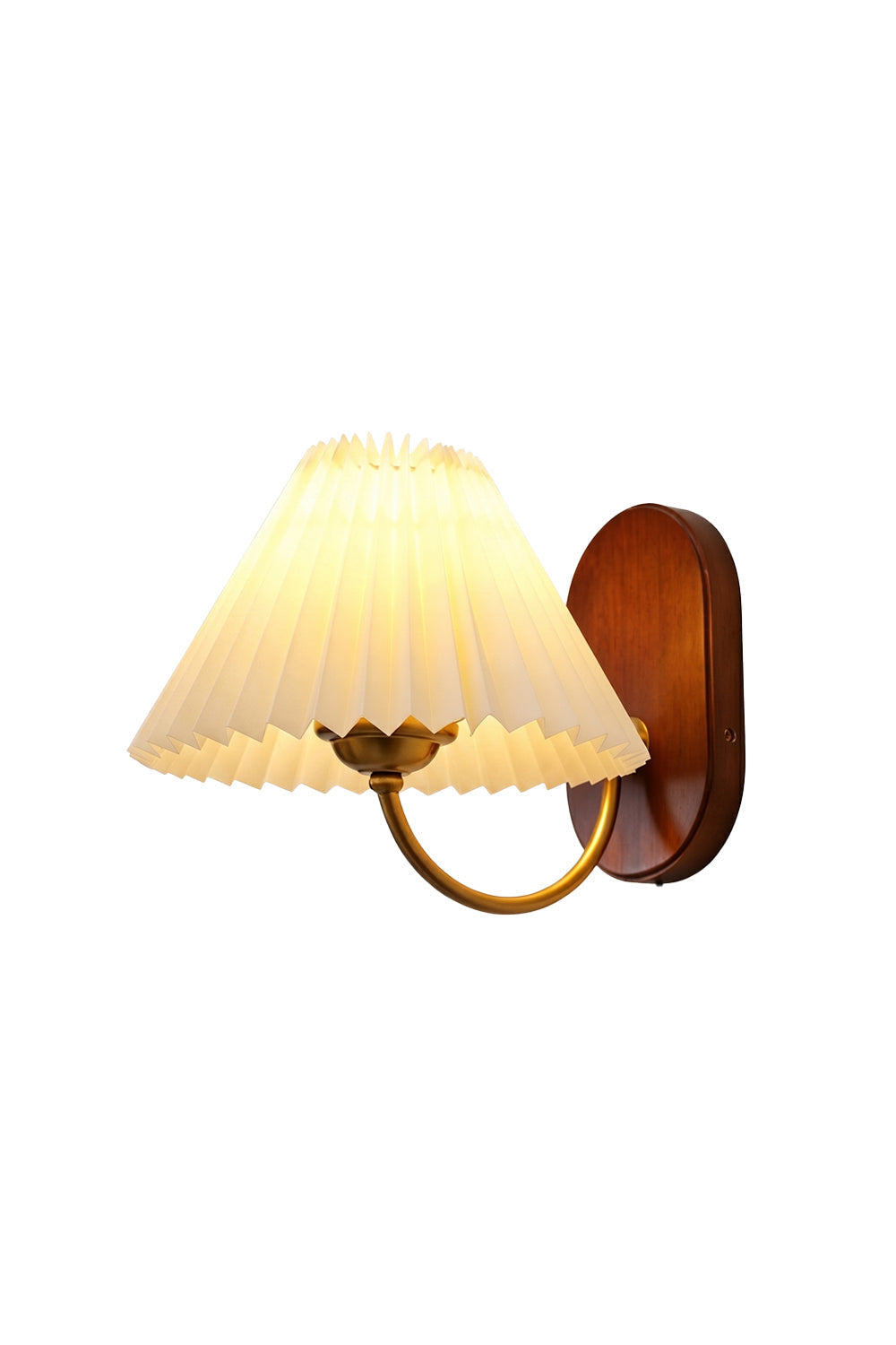 Pleated Fabric Wall Lamp | Fabric, Metal, Wood | Fully lit vintage wall sconce featuring a cream pleated fabric shade, a curved brass arm, and an oval walnut wood backplate | Isolated lit product shot on white background | vexa lamps
