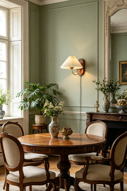 Pleated Fabric Wall Lamp | Fabric, Metal, Wood | Installed on a sage green wall next to a decorative mirror, illuminating a round wooden dining table | vexa lamps