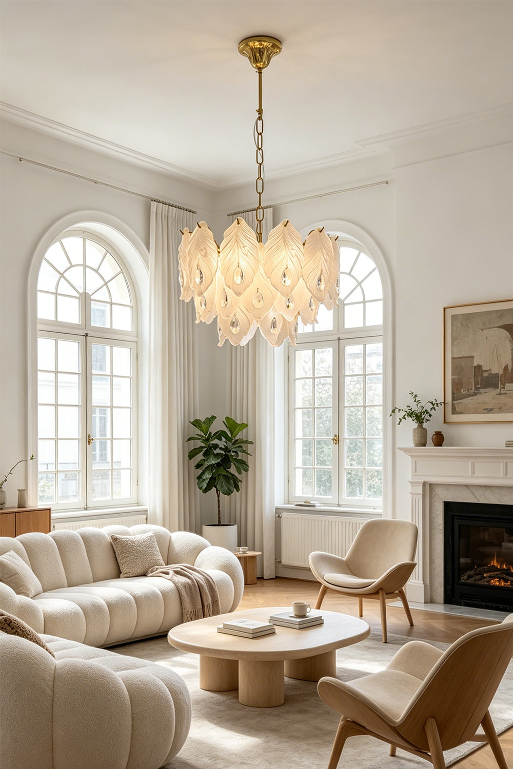 Pluma Frosted Glass Feather Chandelier | Glass, Metal | Providing elegant overhead lighting in a bright classical living room with arched windows, cream furniture, and a fireplace | vexa lamps