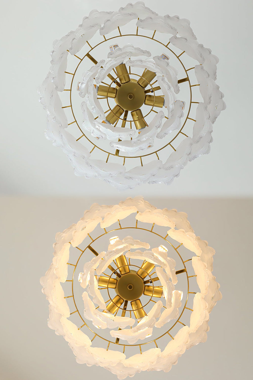 Pluma Frosted Glass Feather Chandelier | Glass, Metal | Split bottom-up view comparing the unlit and fully lit radial concentric arrangement of the gold frame and glass panels | Detail shot | vexa lamps