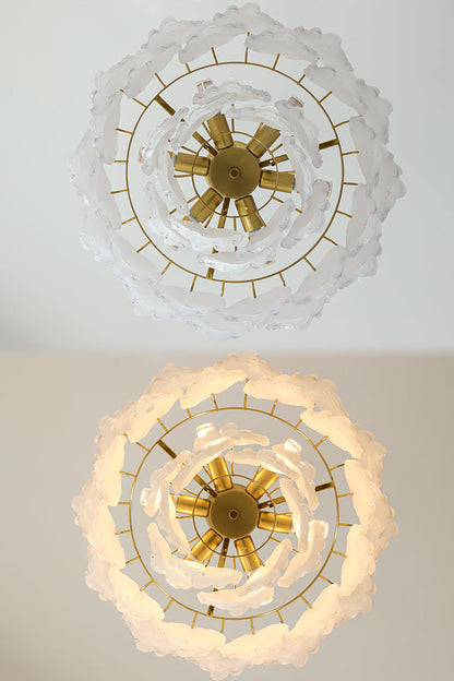 Pluma Frosted Glass Feather Chandelier | Glass, Metal | Split bottom-up view comparing the unlit and fully lit radial concentric arrangement of the gold frame and glass panels | Detail shot | vexa lamps