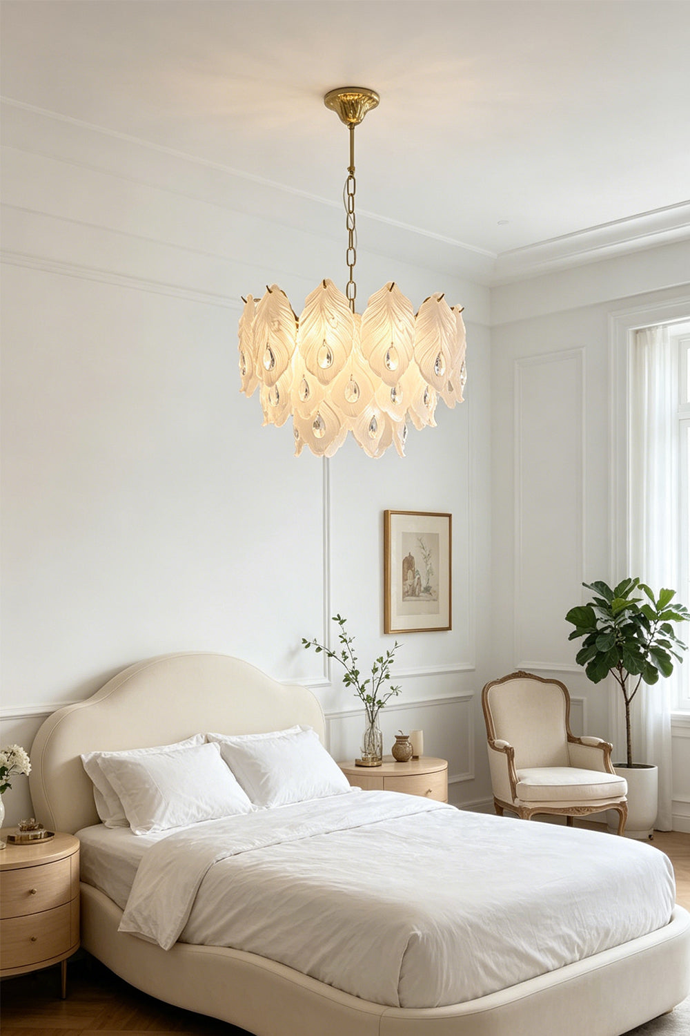 Pluma Frosted Glass Feather Chandelier | Glass, Metal | Installed as a serene bedroom overhead fixture casting a warm ambient glow over a cream bed and accent chair | vexa lamps