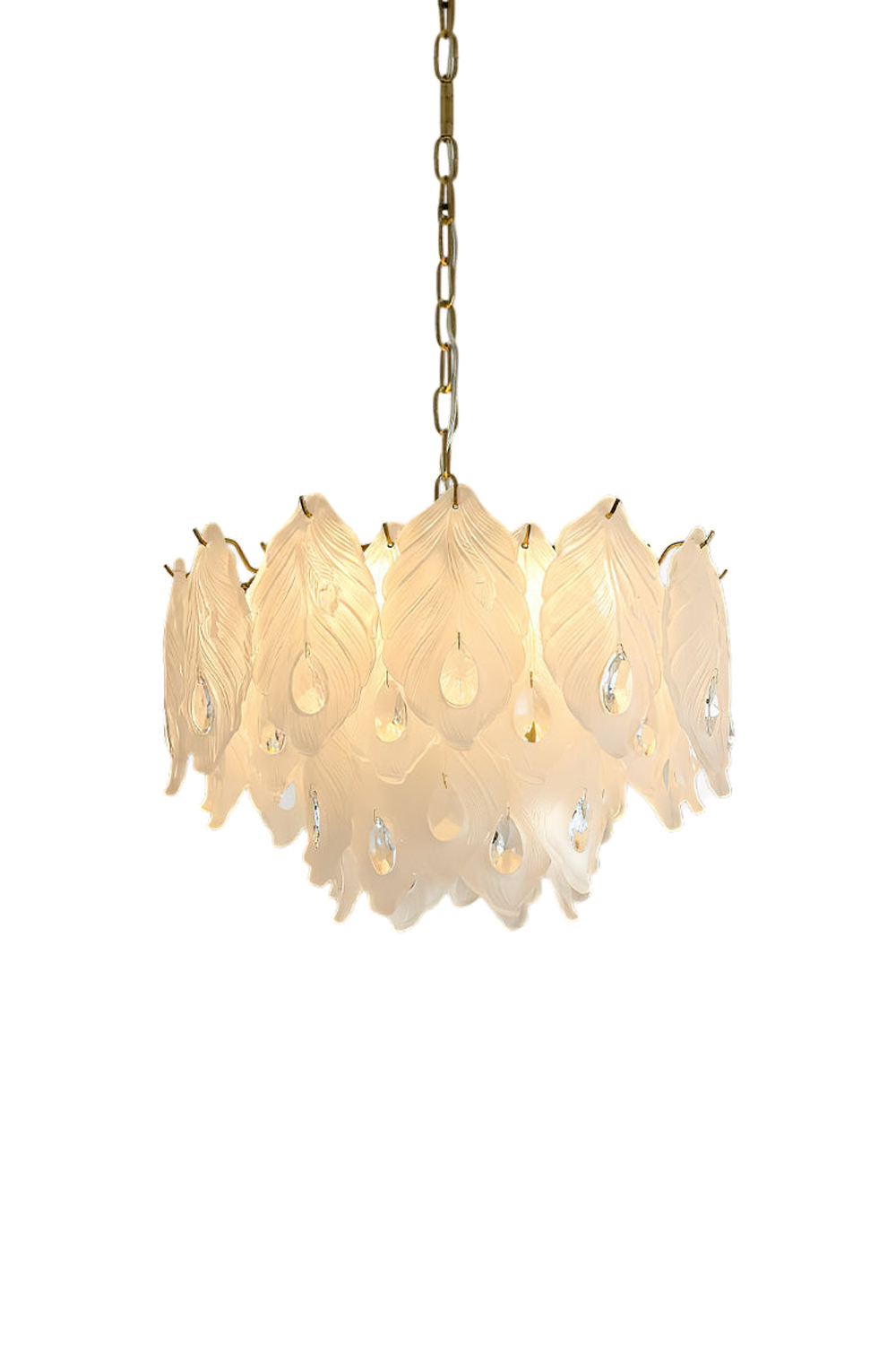 Pluma Frosted Glass Feather Chandelier | Glass, Metal | Fully illuminated modern luxury chandelier featuring overlapping frosted white glass feather panels with dangling clear crystal teardrops on a gold brass frame | Isolated lit product shot on white background | vexa lamps