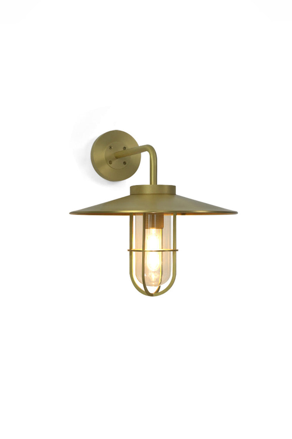 Portree brass wall light with gooseneck arm and cage shade | Brass, Glass | Lit front view on white background | vexa lamps
