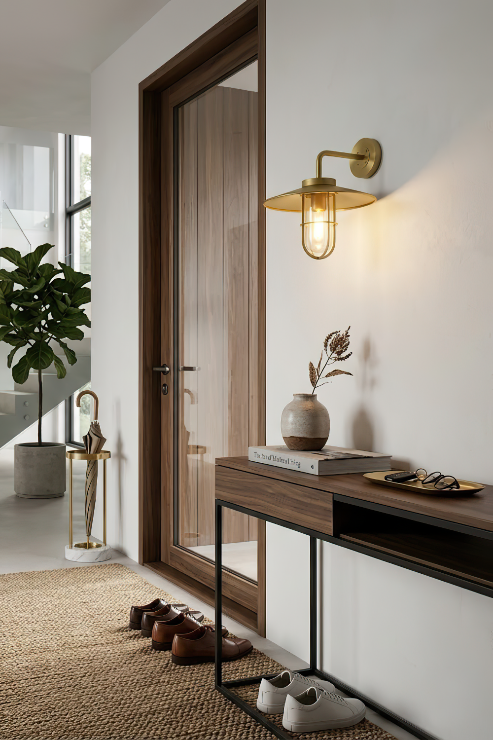Portree brass wall light in classic interior hallway | Brass, Glass | Installed above a wooden console table | vexa lamps