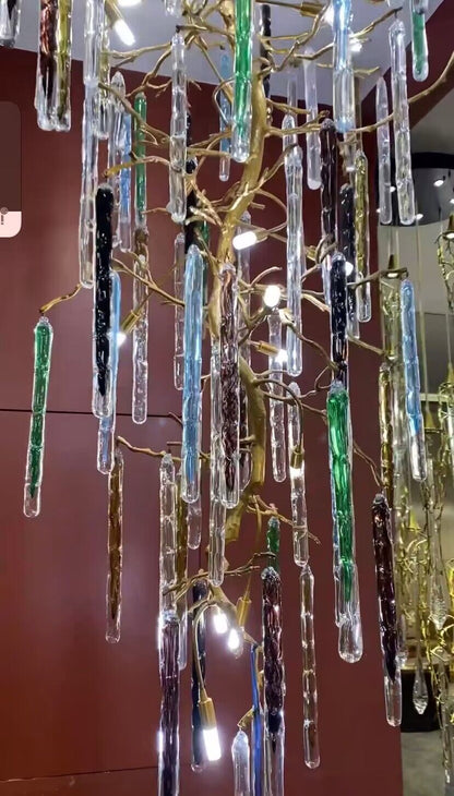 colorful, creative, Modern Light Luxury Brass Branches Colored Glass Column Chandelier for Staircase/Living Room/High-ceiling Space,special,unique,gorgeous, dimmable
