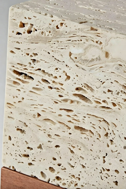 Radiant Monolith Travertine Table Lamp | Travertine | Extreme close-up surface texture | Porous stone voids and pits detail | Raw natural stone texture | vexa lamps