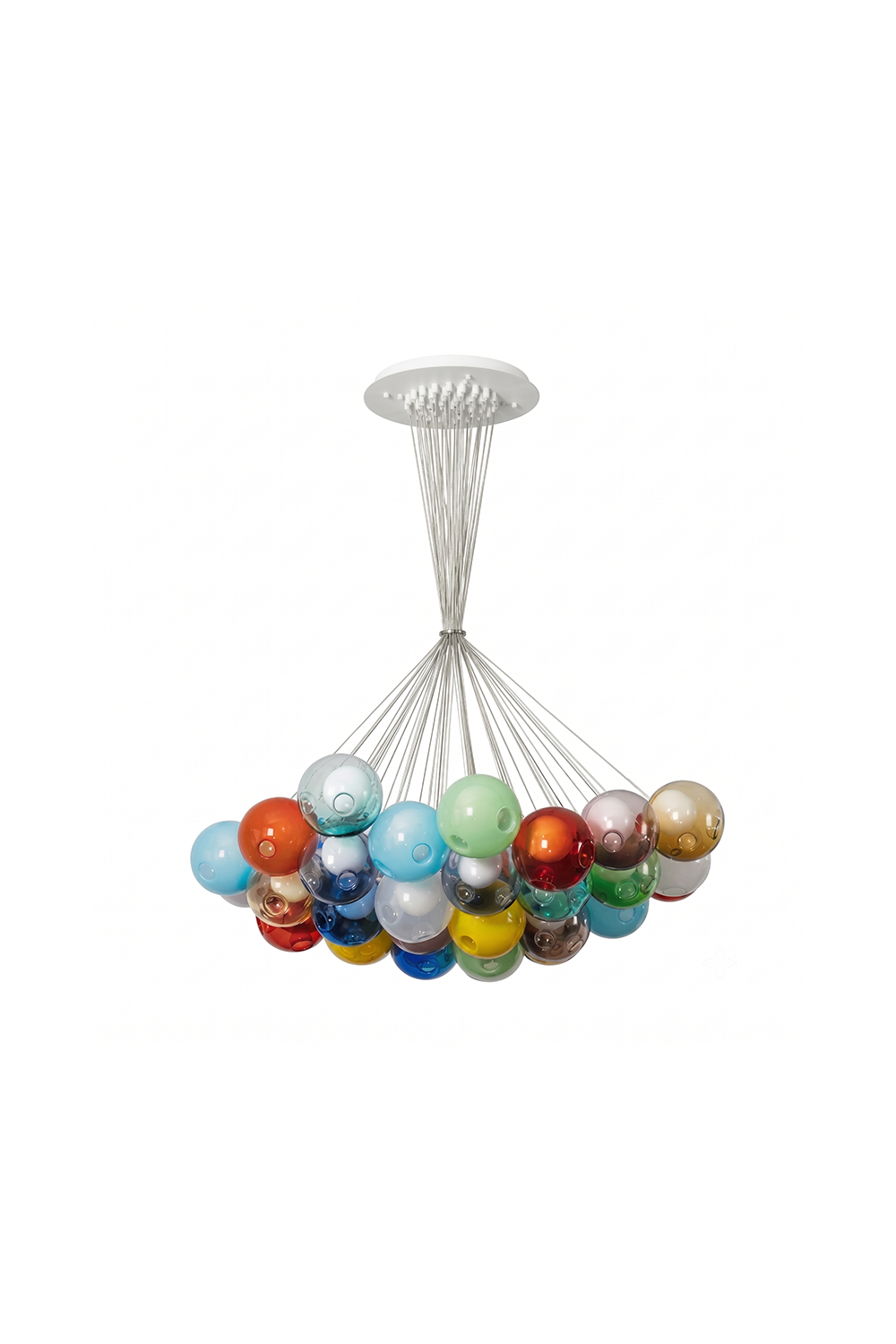 Rainbow Glass Bubble Cluster Chandelier | Glass, Metal | Whimsical modern pendant light featuring a gathered cluster of multi-colored translucent glass bubble globes suspended from silver cables | Isolated product shot on white background | vexa lamps