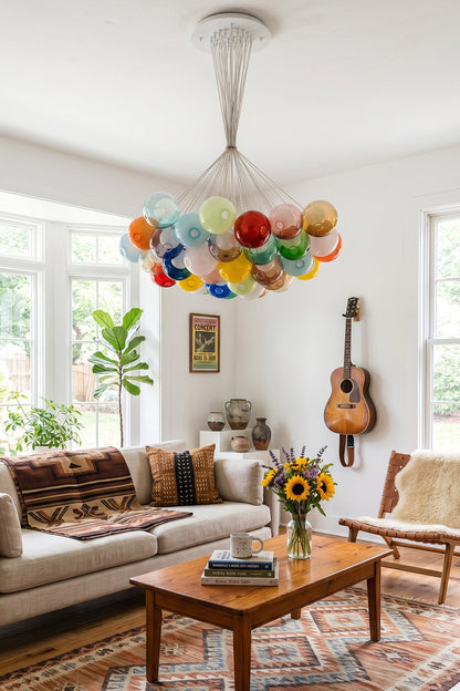 Rainbow Glass Bubble Cluster Chandelier | Glass, Metal | Complementing a rustic home layout with earthy textiles and instruments, casting soft light over a living space | vexa lamps