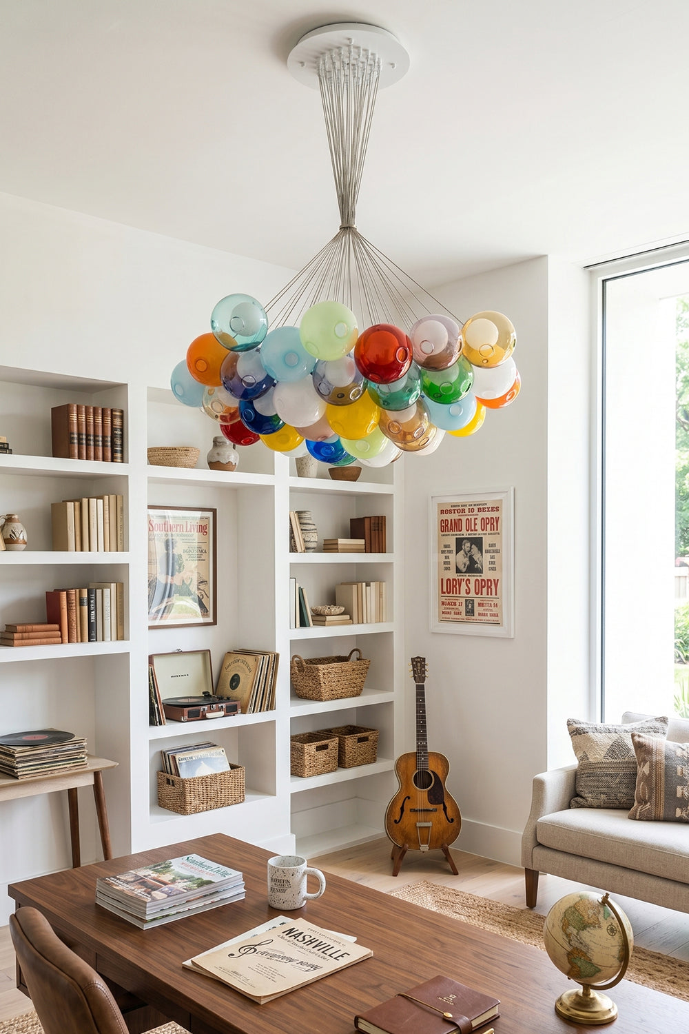 Rainbow Glass Bubble Cluster Chandelier | Glass, Metal | Hanging as modern artistic lighting in a cozy living room with floor-to-ceiling white bookshelves and a wooden coffee table | vexa lamps