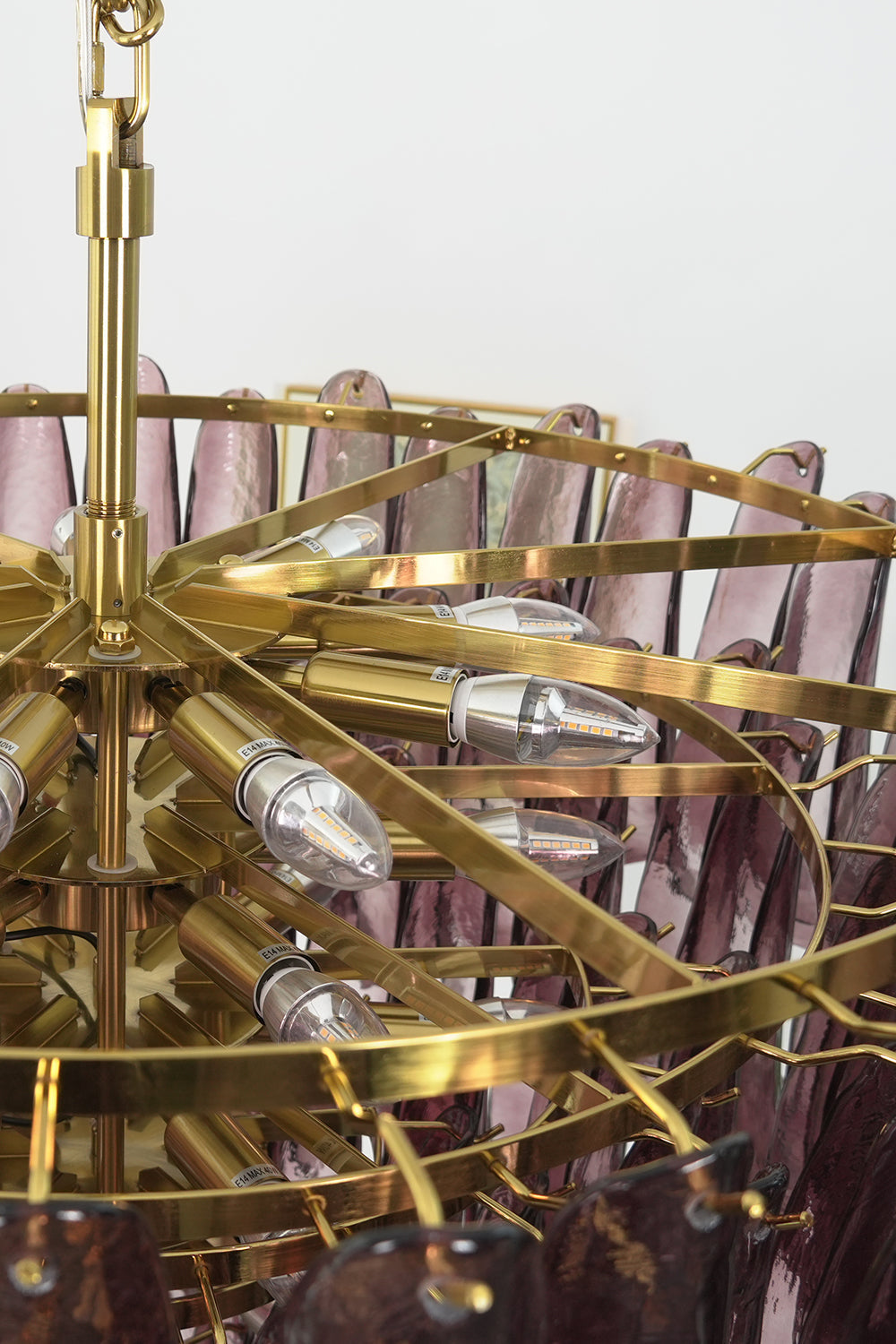 Regal Purple Cascade Chandelier | Glass, Metal | Interior view showing the gold tiered metal frame and light bulb arrangement | Detail shot | vexa lamps