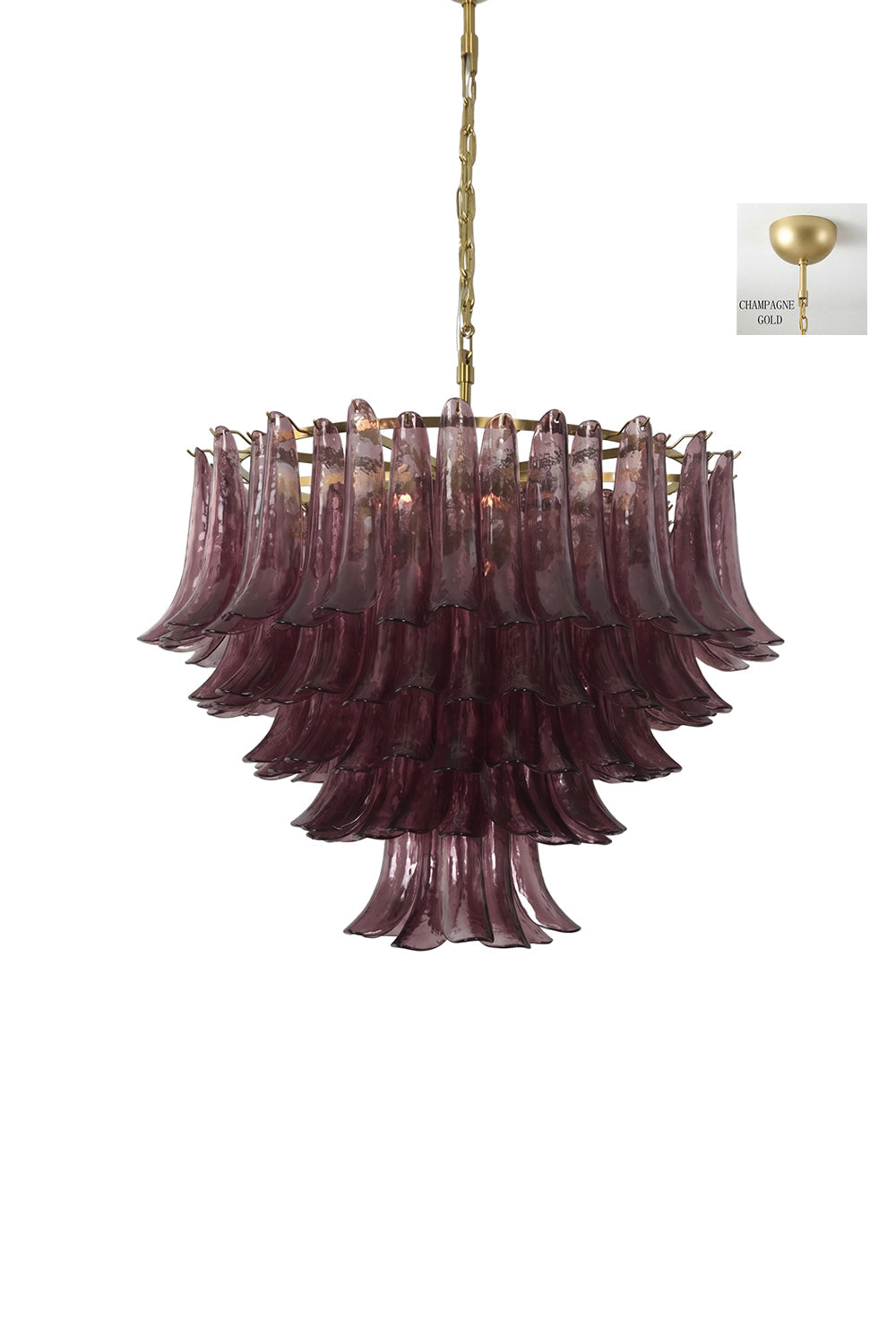 Regal Purple Cascade Chandelier | Glass, Metal | Full view of the tiered purple glass chandelier on a white background | vexa lamps