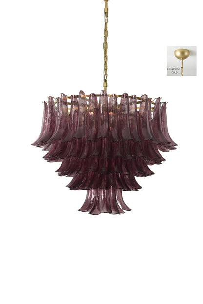 Regal Purple Cascade Chandelier | Glass, Metal | Full view of the tiered purple glass chandelier on a white background | vexa lamps