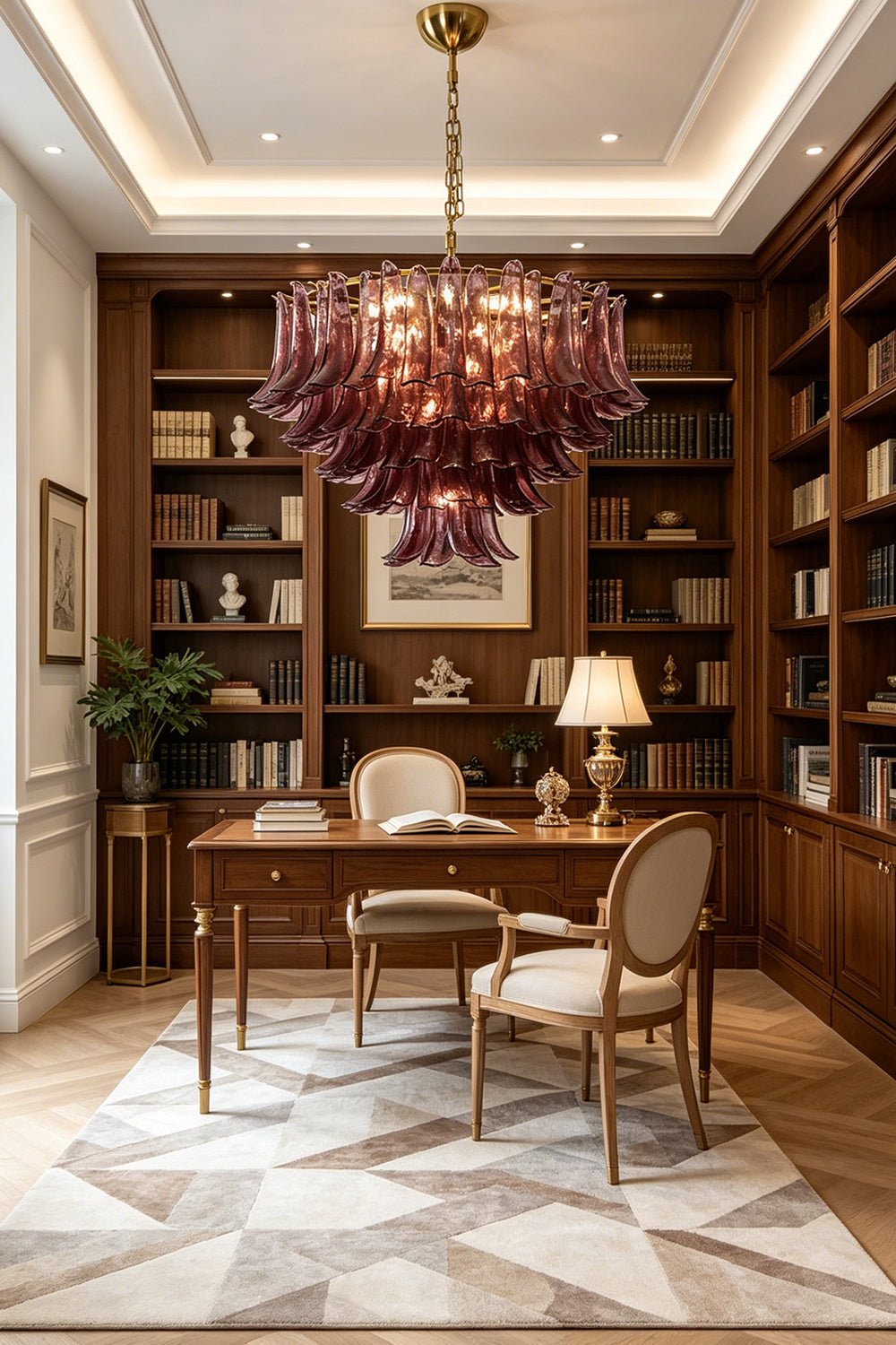 Regal Purple Cascade Chandelier | Glass, Metal | Positioned over a workspace in a classical home library setup | vexa lamps