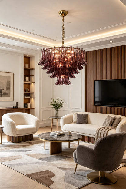 Regal Purple Cascade Chandelier | Glass, Metal | Centered in a luxurious living room with elegant sofas and wooden wall accents | vexa lamps