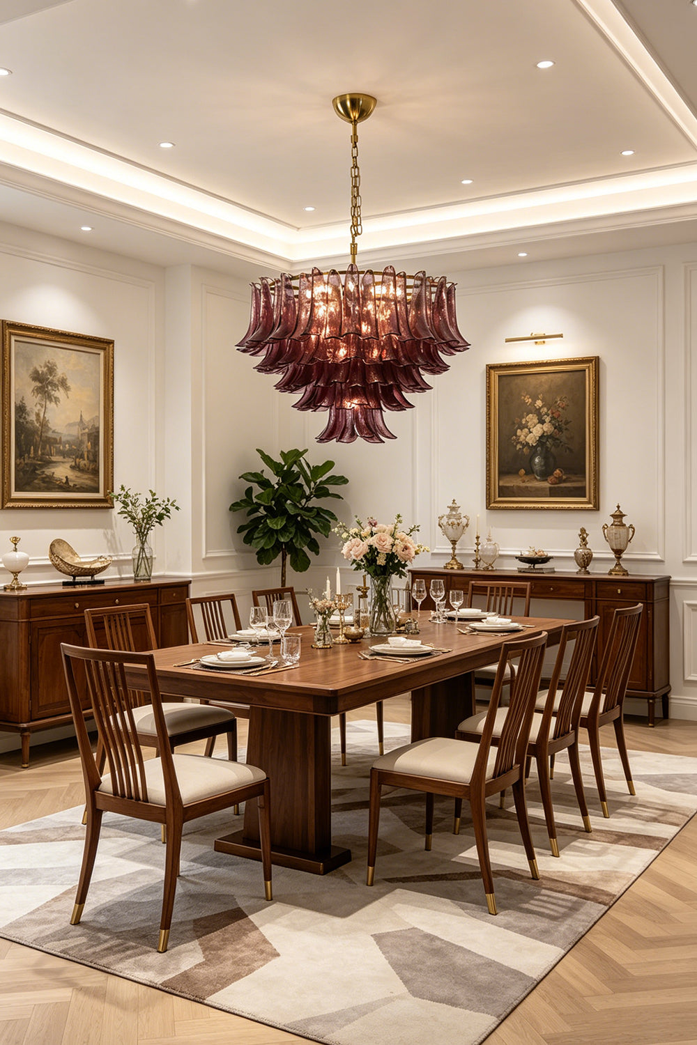 Regal Purple Cascade Chandelier | Glass, Metal | Illuminating a formal dining room with a long wooden table and classic chairs | vexa lamps