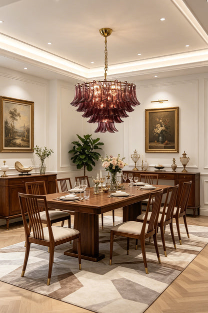 Regal Purple Cascade Chandelier | Glass, Metal | Illuminating a formal dining room with a long wooden table and classic chairs | vexa lamps