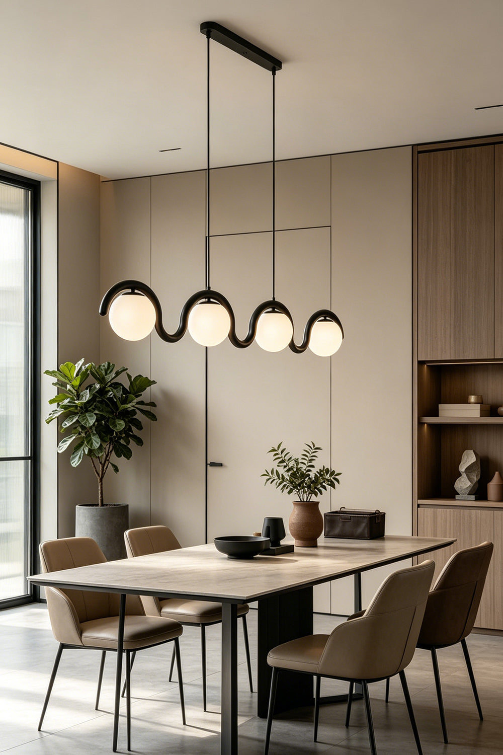 Linear rhythmic flow pendant light over a dining table | Metal, Glass | Interior scene with a large wooden dining set | vexa lamps