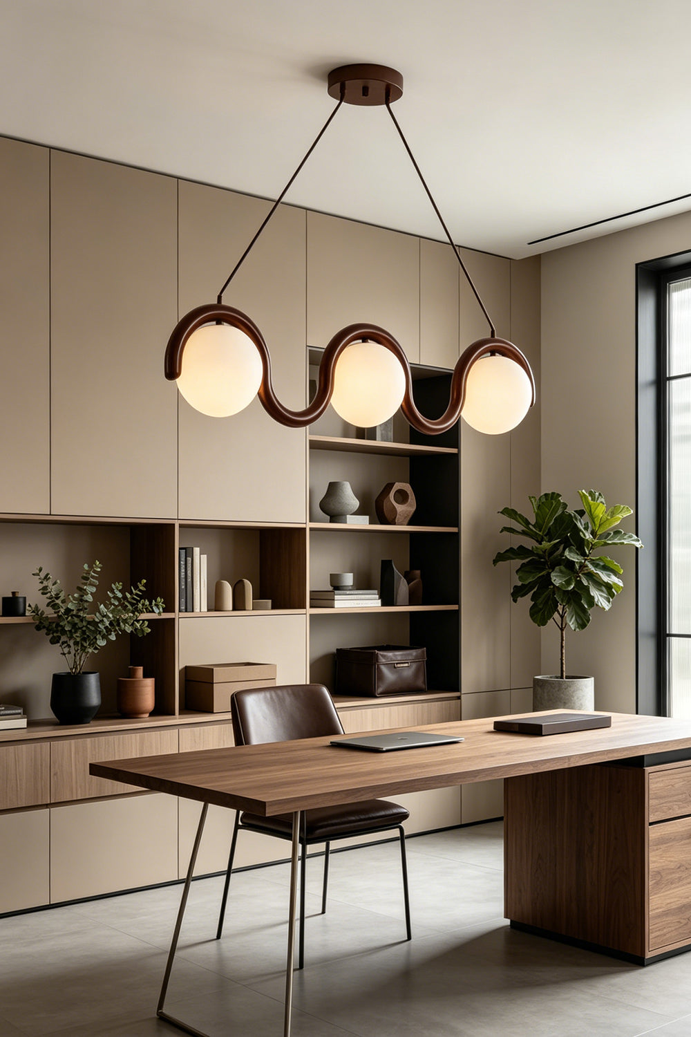 3-light linear glass pendant over a wooden office desk | Metal, Glass | Home office setting with minimalist decor | vexa lamps