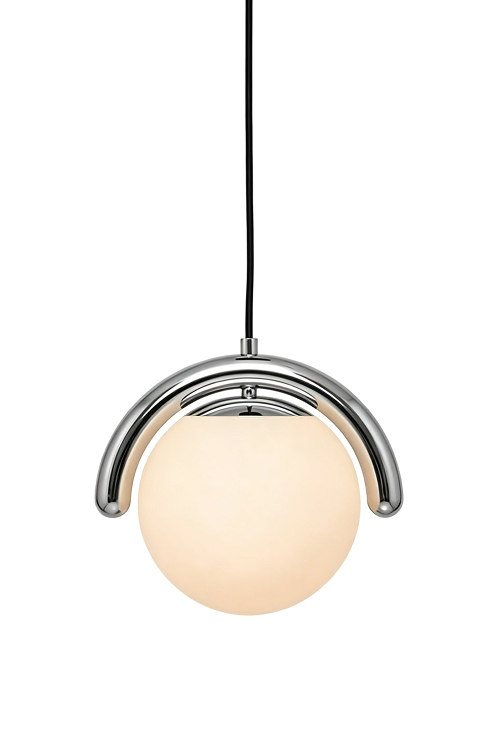 Single rhythmic flow pendant lamp in chrome finish | Metal, Glass | Lit view showing the shiny metallic texture | vexa lamps