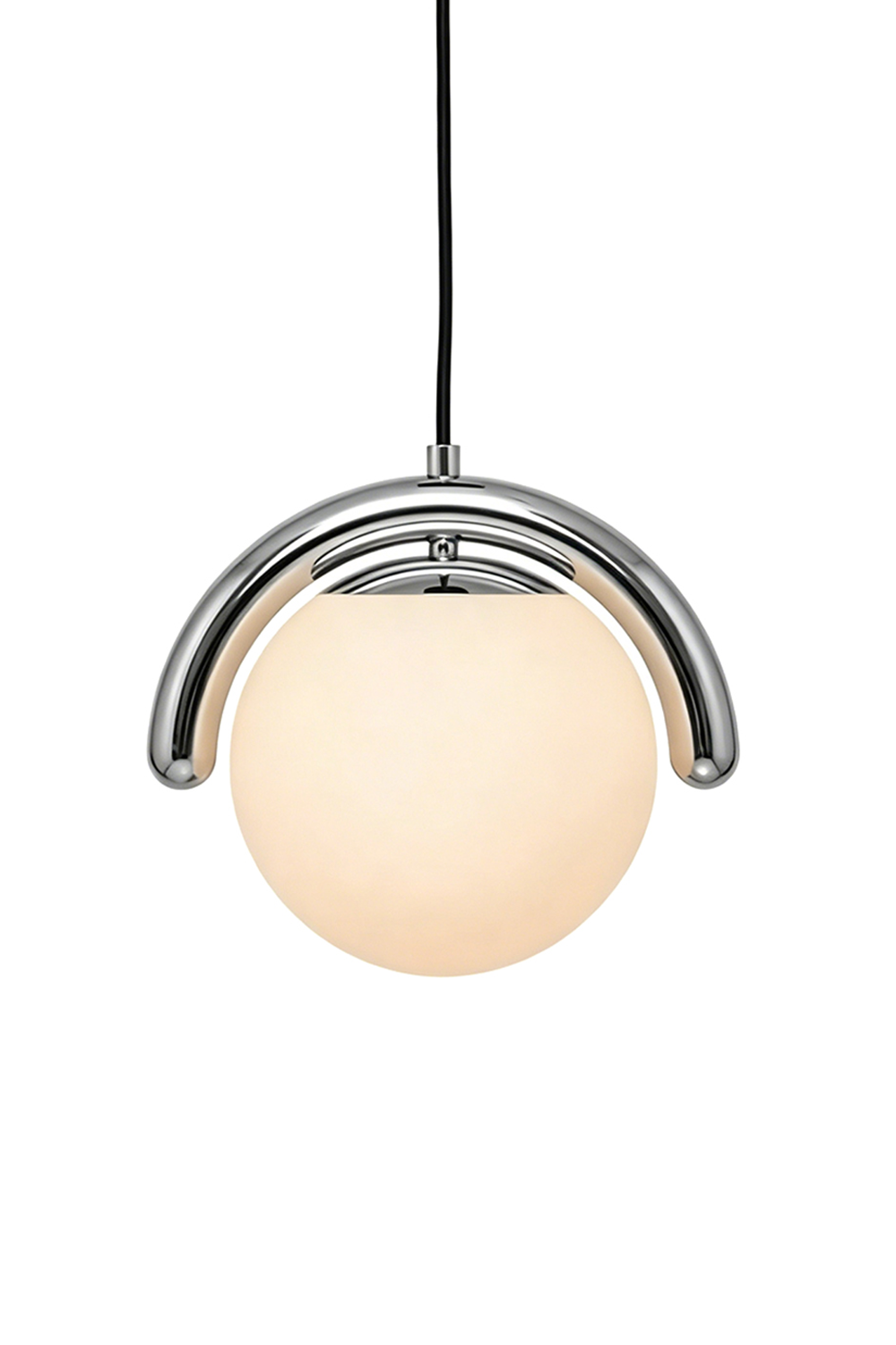 Single rhythmic flow pendant lamp in chrome finish | Metal, Glass | Lit view showing the shiny metallic texture | vexa lamps