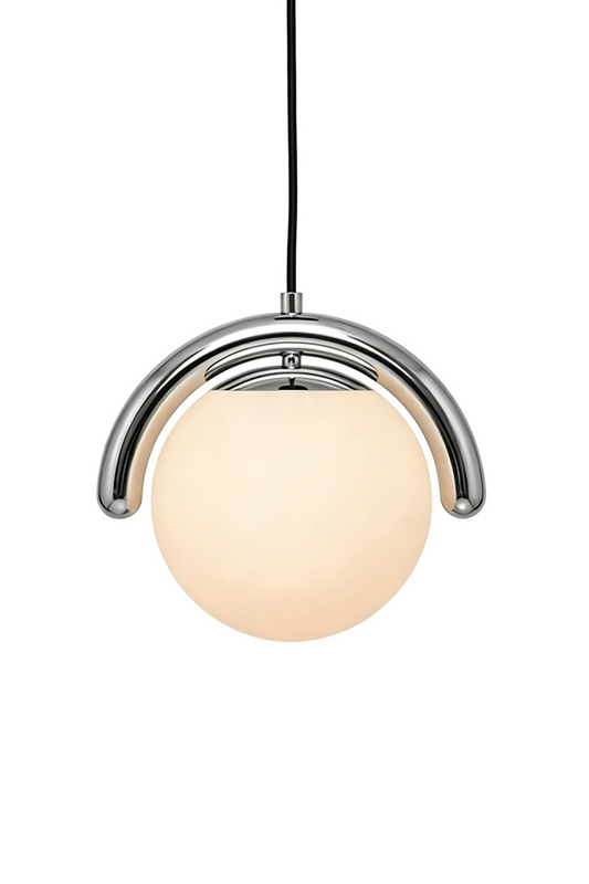 Single rhythmic flow pendant lamp in chrome finish | Metal, Glass | Lit view showing the shiny metallic texture | vexa lamps