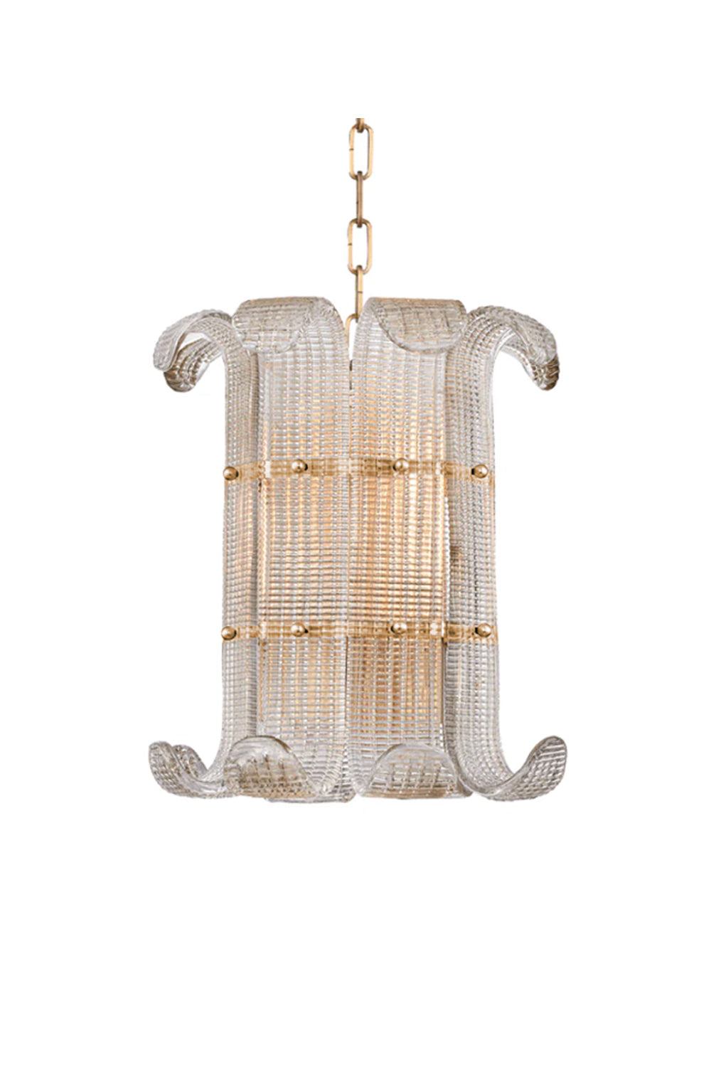 Ribbed glass chandelier with scroll design and brass chain | Metal | Glass | Isolated on white background | vexa lamps
