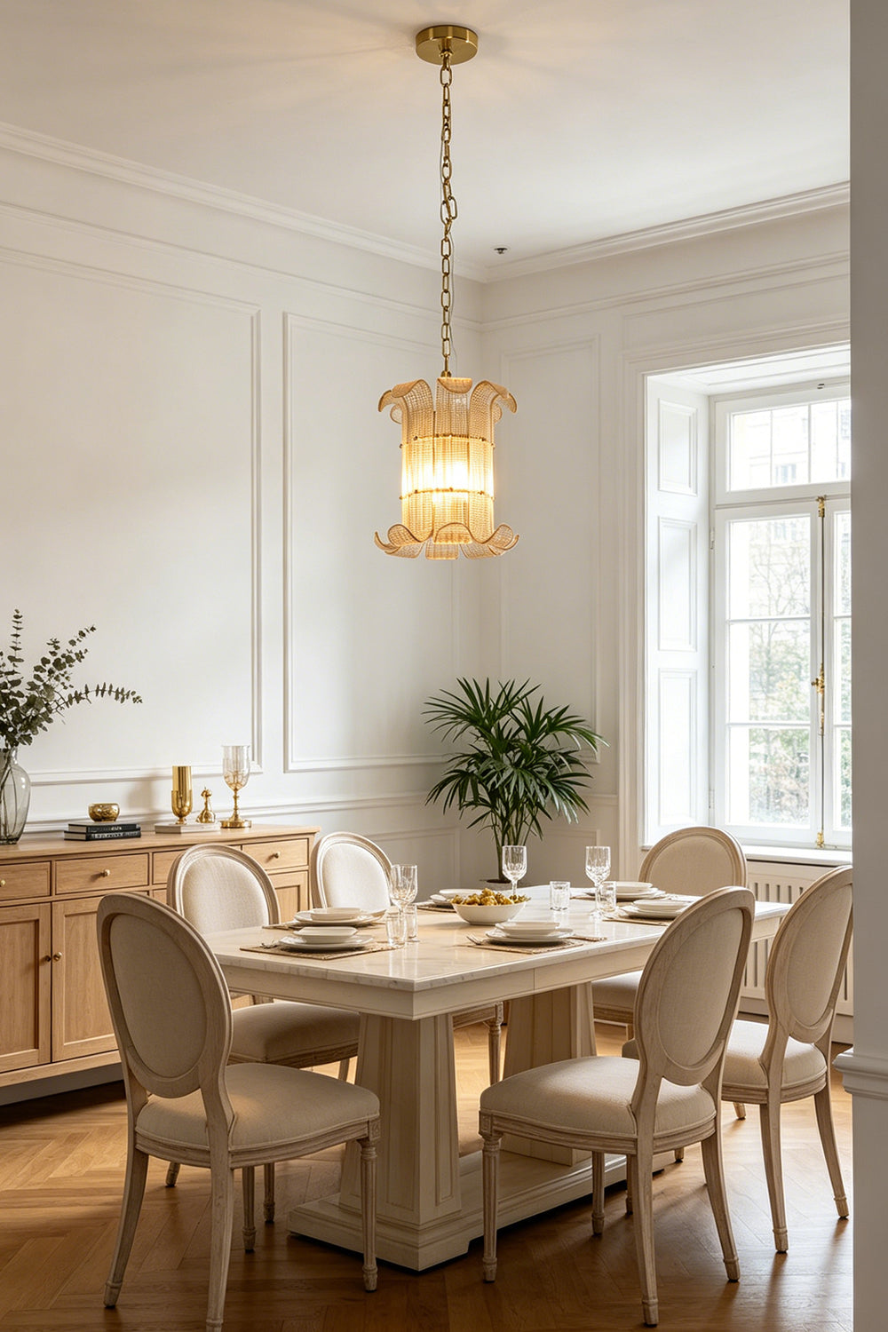 Luxurious scroll ribbed glass pendant light | Metal | Glass | Centered over a white dining table with classic chairs | vexa lamps