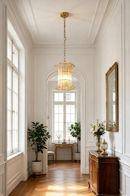 Tall scroll ribbed glass chandelier | Metal | Glass | Hanging in a sophisticated high-ceiling hallway corridor | vexa lamps
