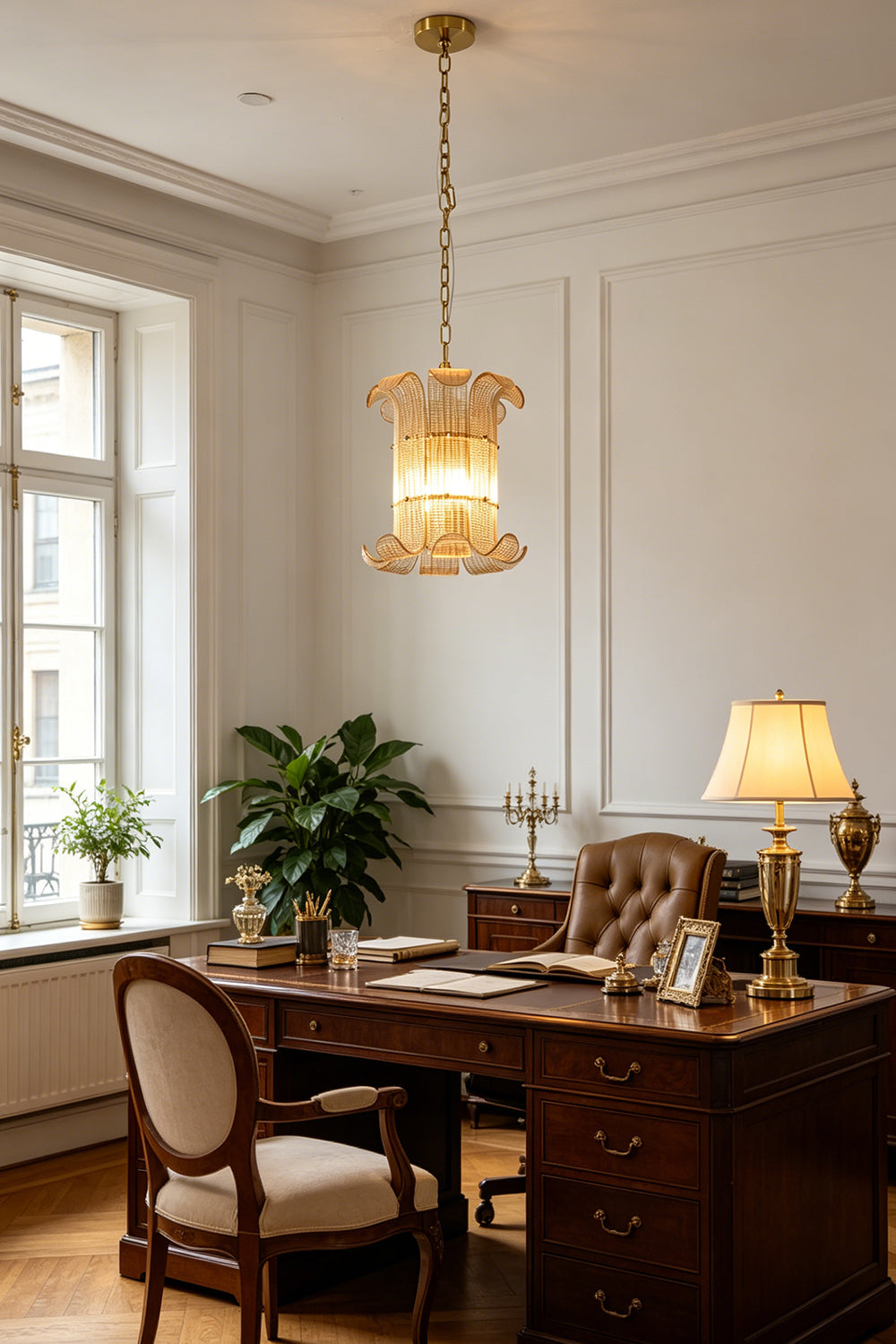 Ribbed glass scroll chandelier for office | Metal | Glass | Installed in a classic home office over a large wooden desk | vexa lamps