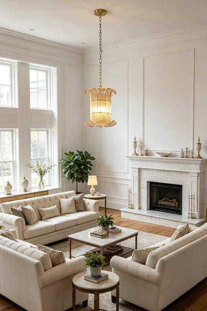 Tiered ribbed glass scroll chandelier | Metal | Glass | Wide shot in a high-ceiling living room with white sofas | vexa lamps
