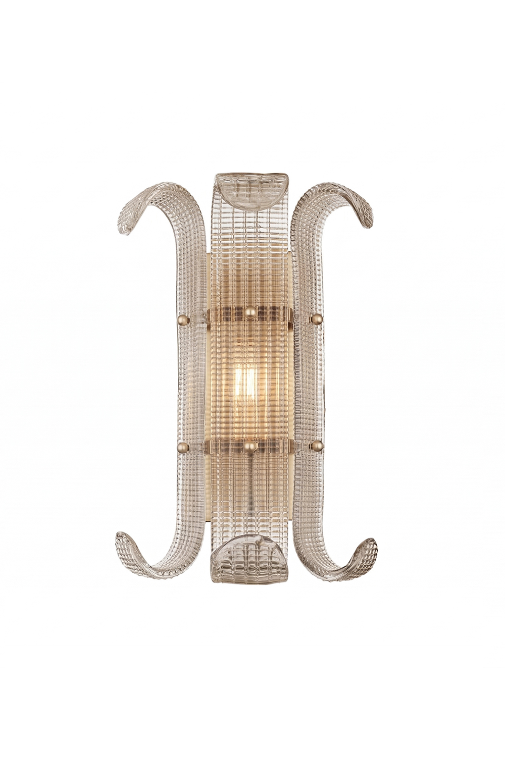 Ribbed Glass Scroll Wall Lamp with symmetrical curved glass arms | Metal, Glass | Clean product shot on white background showing front view and scroll design | vexa lamps
