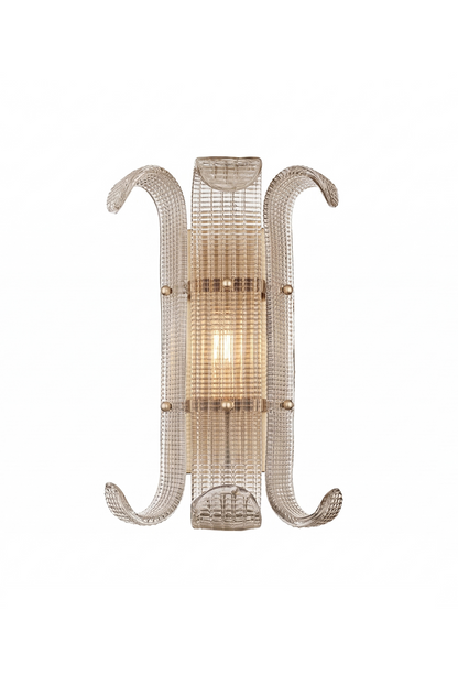 Ribbed Glass Scroll Wall Lamp with symmetrical curved glass arms | Metal, Glass | Clean product shot on white background showing front view and scroll design | vexa lamps