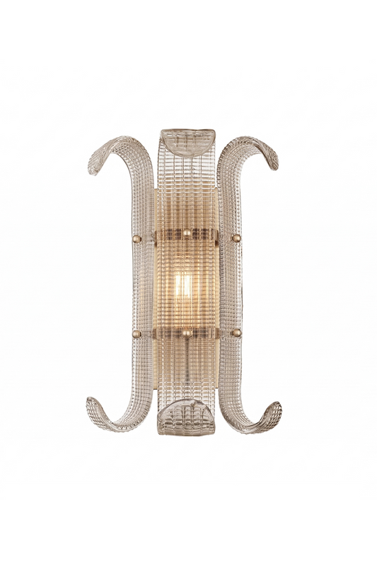 Ribbed Glass Scroll Wall Lamp with symmetrical curved glass arms | Metal, Glass | Clean product shot on white background showing front view and scroll design | vexa lamps