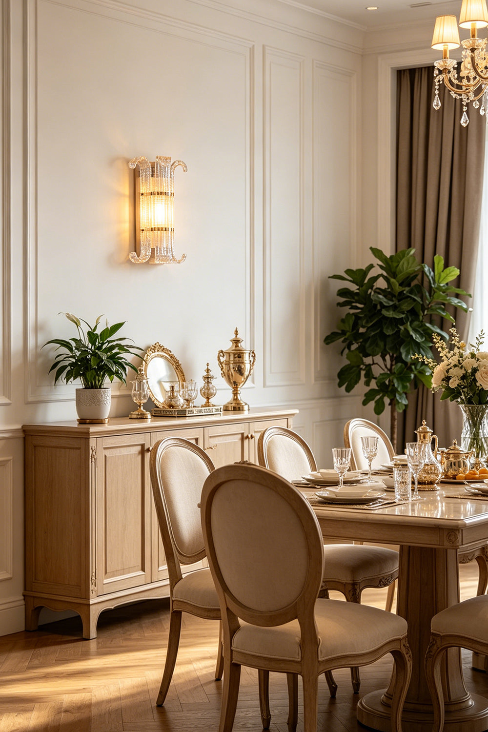 A pair of Ribbed Glass Scroll Wall Lamps flanking an ornate console table and mirror | Metal, Glass | Symmetrical installation in a traditional living room setting | vexa lamps