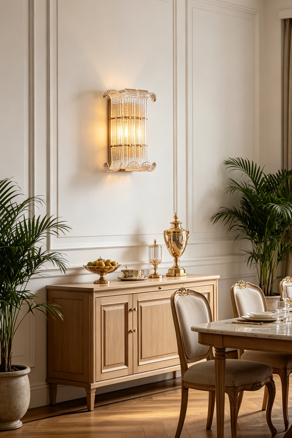 Ribbed Glass Scroll Wall Lamp installed above a wooden sideboard | Metal, Glass | Classic dining room setting with dining table and chairs | vexa lamps