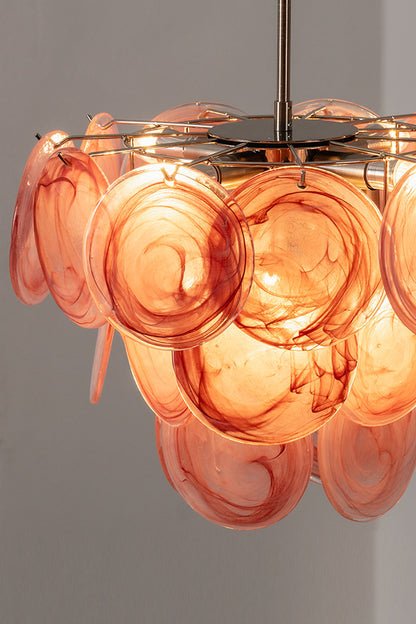 Romilly Layered Glass Disc Chandelier featuring layered glass discs in soft pink tones.