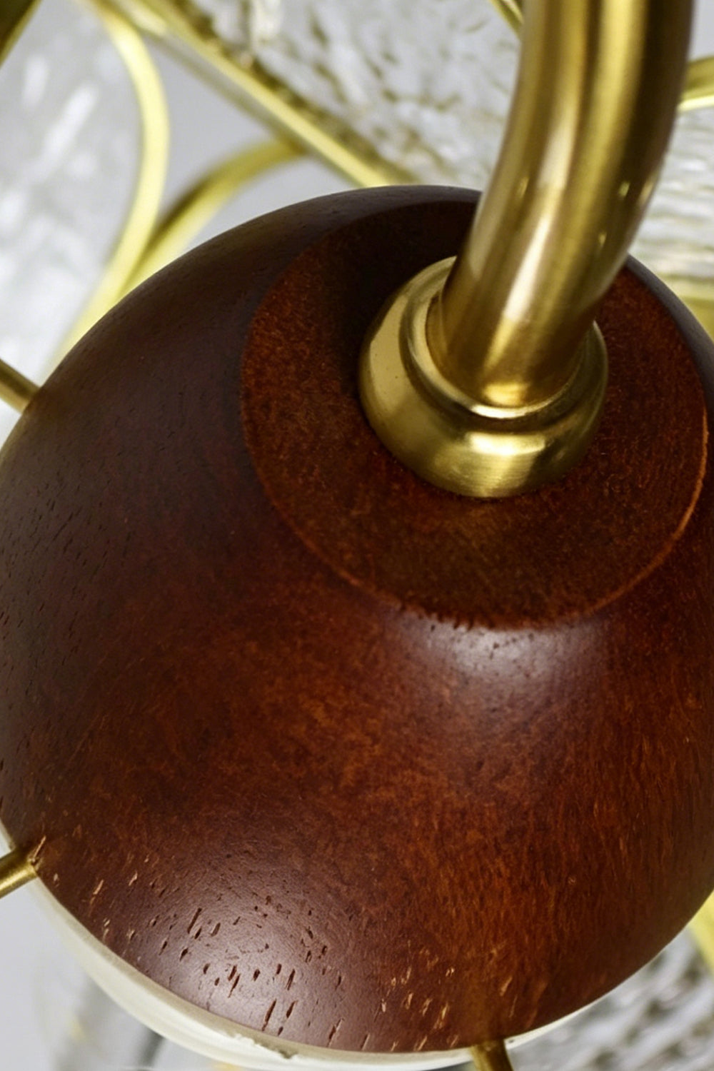 Rosalind Petal Glass Botanical Wall Lamp | Glass, Metal, Wood | Close-up focus on the round polished dark walnut wood wall mount plate and the curved gold brass stem fixture | Detail shot | vexa lamps