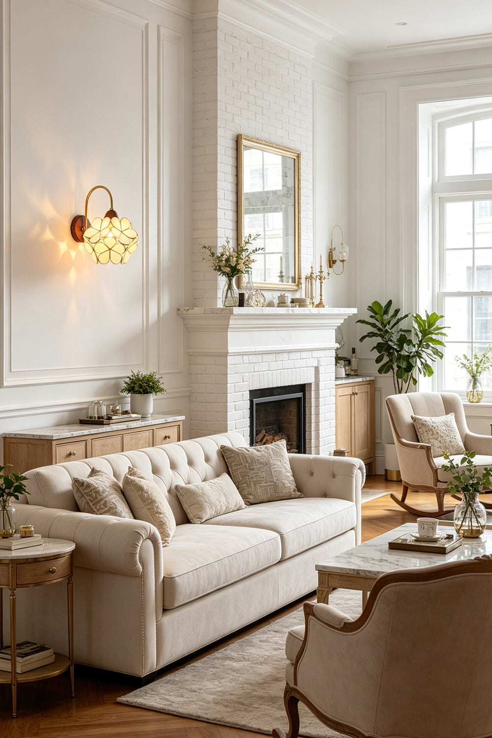 Rosalind Petal Glass Botanical Wall Lamp | Glass, Metal, Wood | Sconces mounted in a luxurious classical living room casting a warm ambient glow over a cream fabric sofa and arched windows | vexa lamps