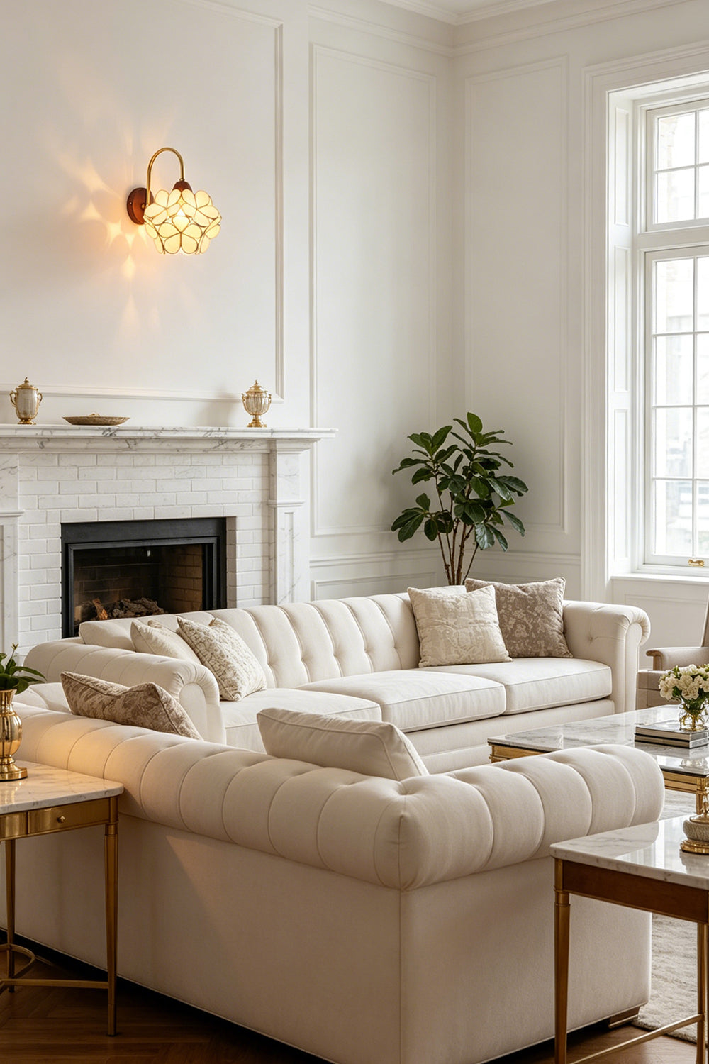 Rosalind Petal Glass Botanical Wall Lamp | Glass, Metal, Wood | Positioned elegantly over a fireplace in a bright minimalist living space with a white sectional sofa | vexa lamps