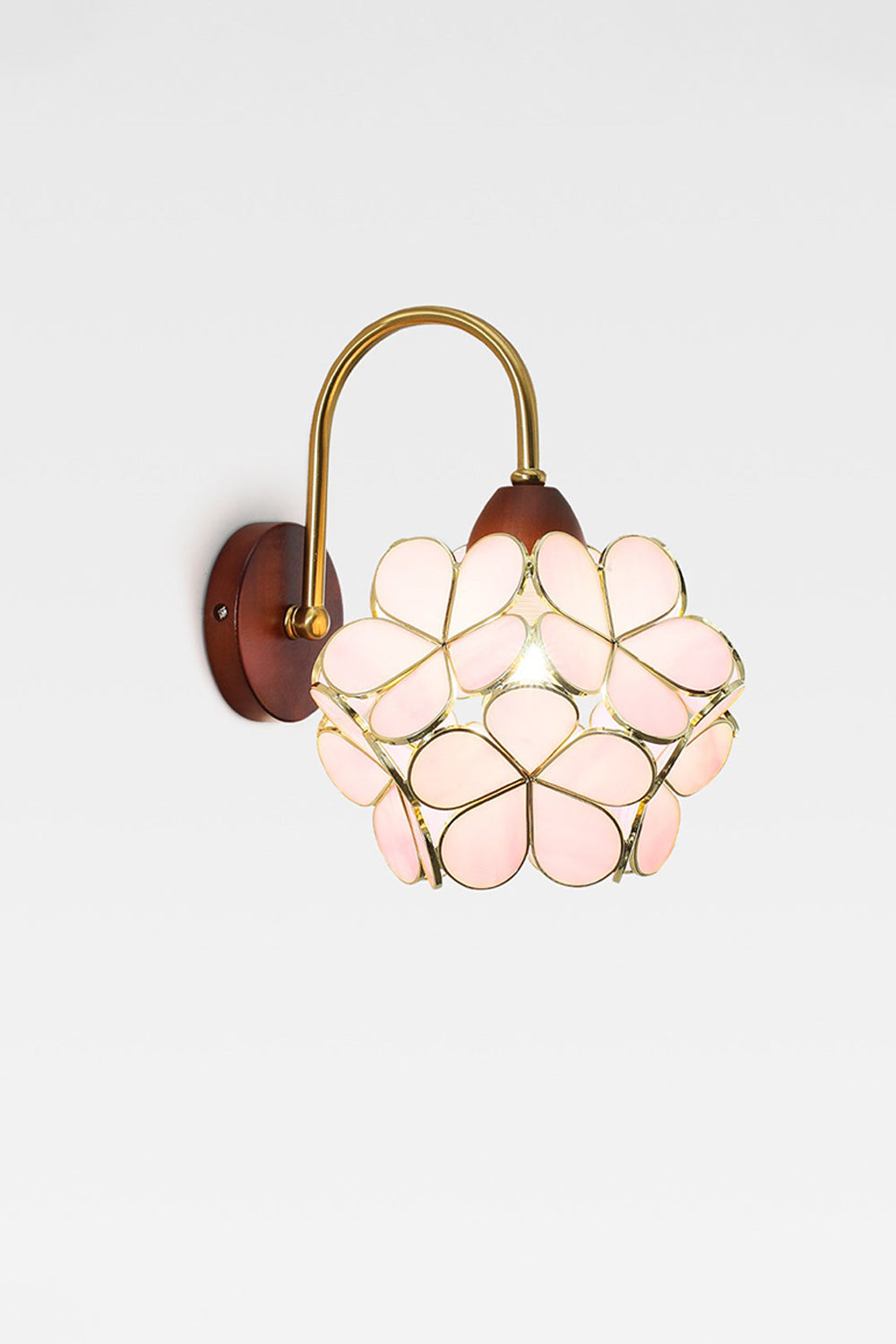 Rosalind Petal Glass Botanical Wall Lamp | Glass, Metal, Wood | Isolated lit product view of the pale pink glass petal variant radiating a warm golden glow on a white background | vexa lamps