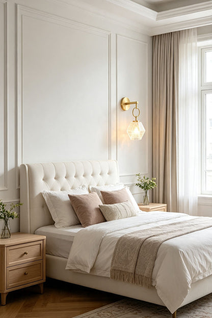 Rosamund Faceted Glass Wall Sconce | Faceted Glass and Brass | Mounted on a wall beside a bed in a cozy bedroom | vexa lamps