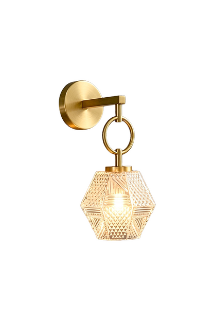 Rosamund Faceted Glass Wall Sconce | Faceted Glass and Brass | Front full view on a pure white background, illuminated | vexa lamps