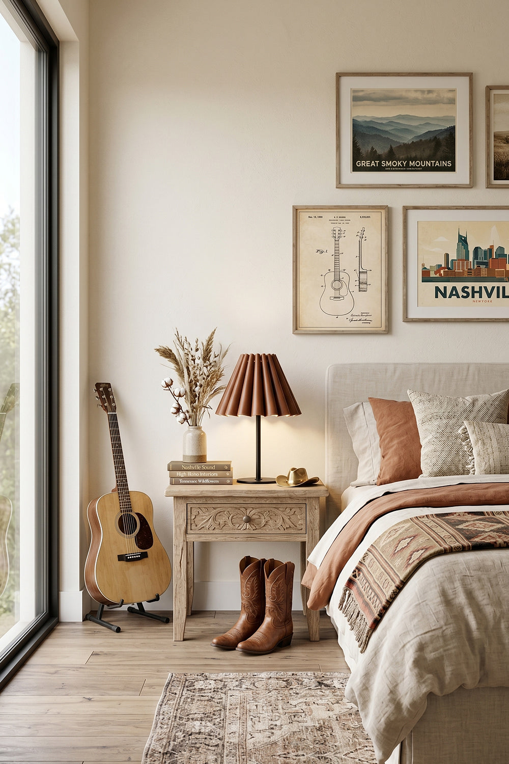 Rowan Leather Pleated Table Lamp | Leather, Metal | Staged in a bohemian bedroom on a nightstand next to an acoustic guitar and framed wall art | vexa lamps
