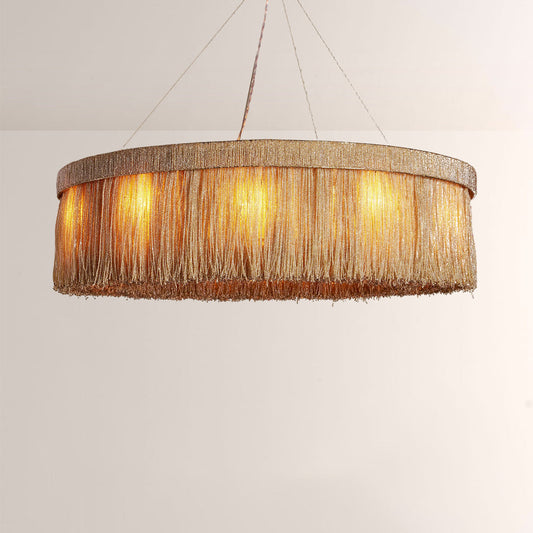 Jovyn Flat Round Hand-Strung Jute Fringe Chandelier