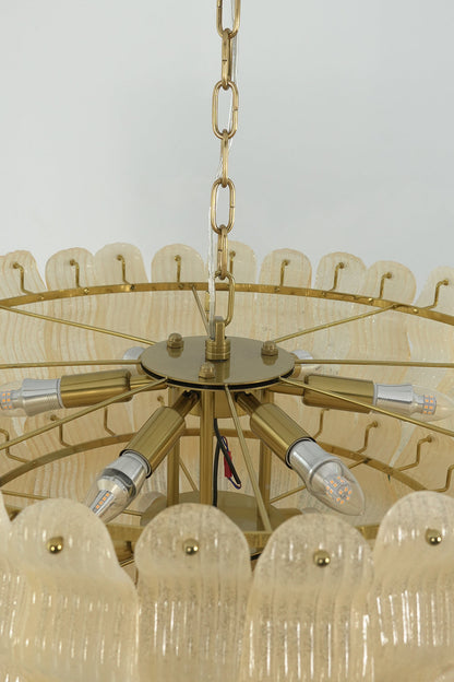 Internal structure and bulb sockets of glass chandelier | Metal | Glass | Top-down view showing the tiered metal frame | vexa lamps