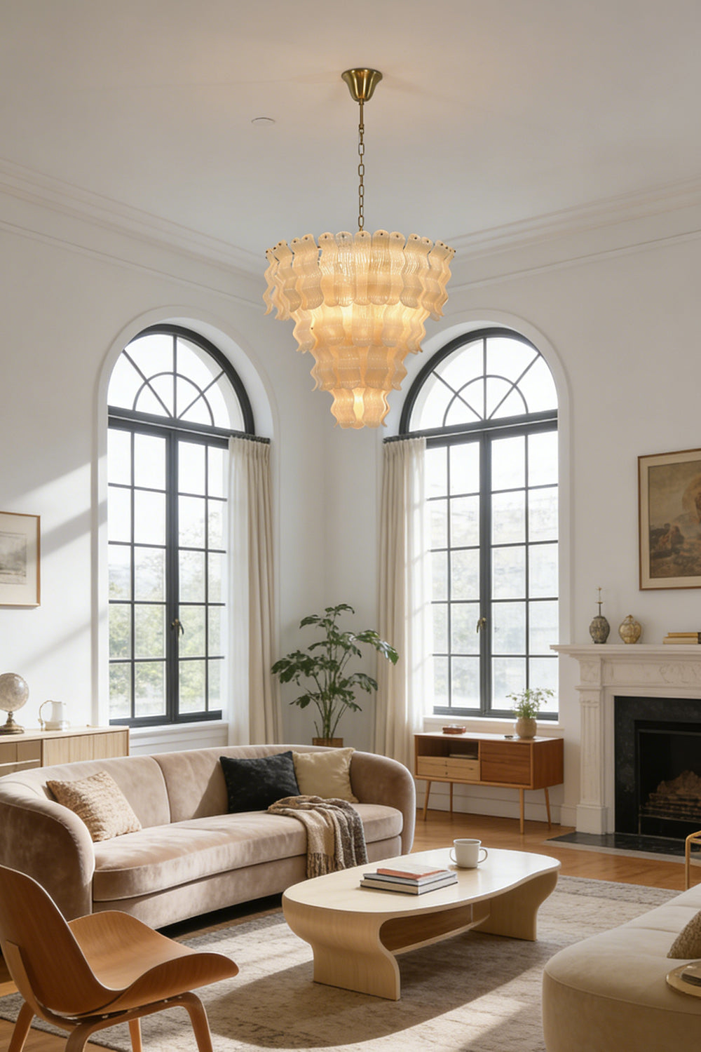 Large ruffled glass tiered chandelier | Metal | Glass | Centered in a traditional living room with arched windows | vexa lamps