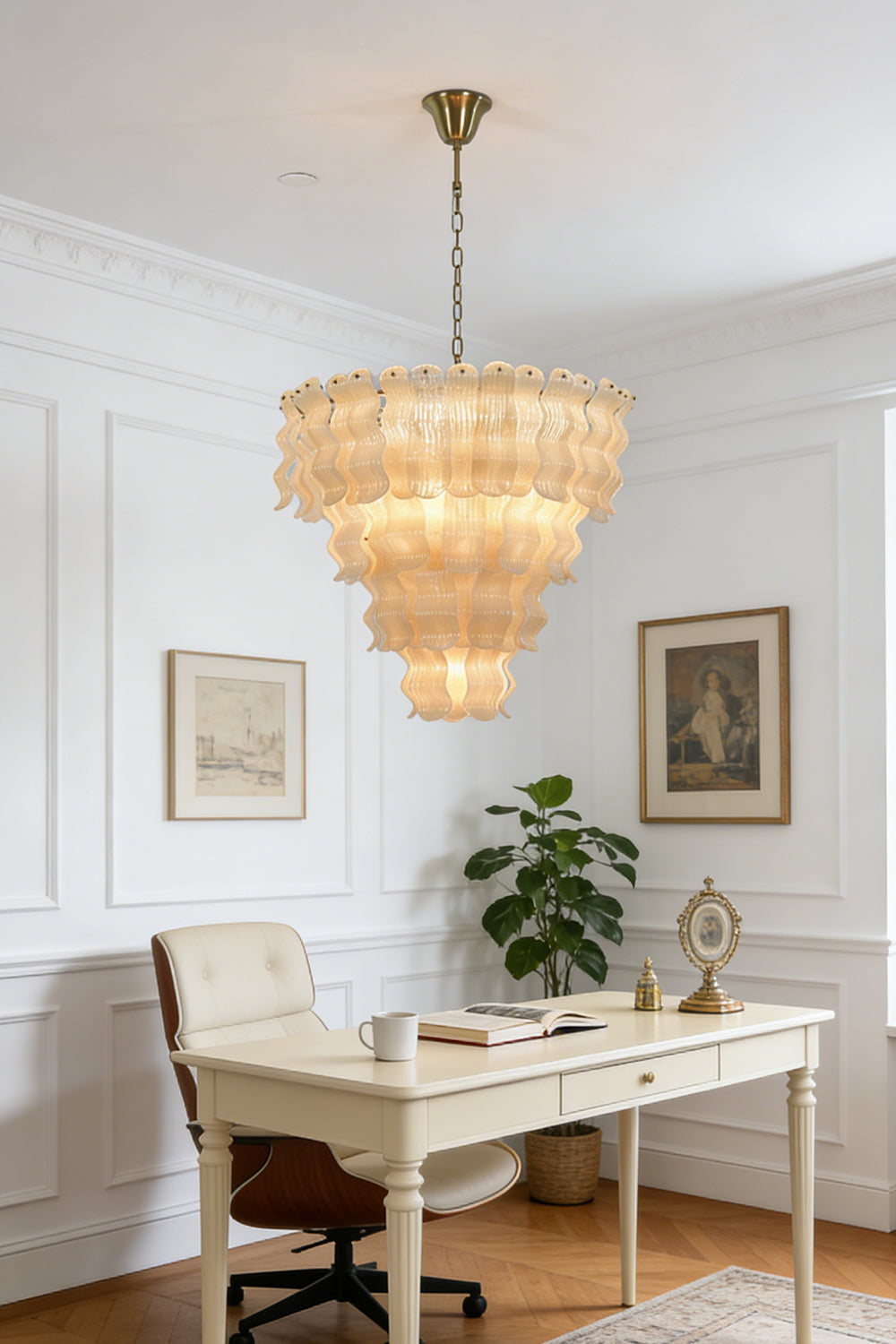 Ruffled glass tiered chandelier for office | Metal | Glass | Installed in a classic home office above a white desk | vexa lamps